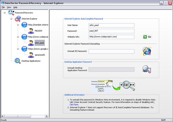 Internet Explorer Password Recovery and Unmask Tool